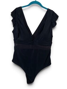Black Ruffle Sleeve One-Piece Swimsuit - Deep V